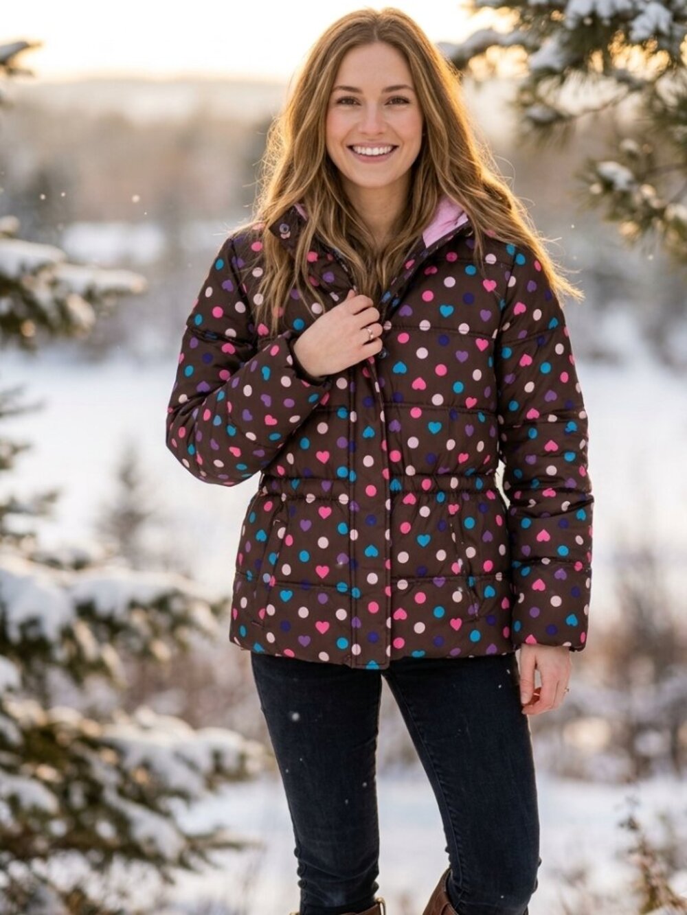 Girls XL 14-16 Puffer Jacket Brown Pink Teal Polka Dot Heart Hooded Winter Coat